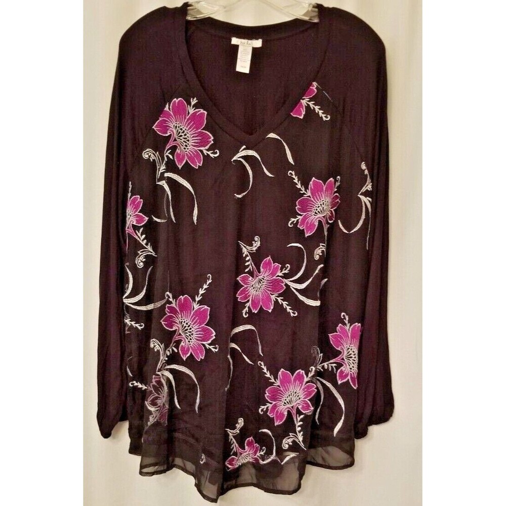 Women's Top Blouse Embroidered Floral Black V-Neck 3/4 Sleeve Isela Size 18/20